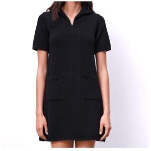 ZARA Black Knit short sleeve Shift Dress Size S, Collar and Patch Pockets